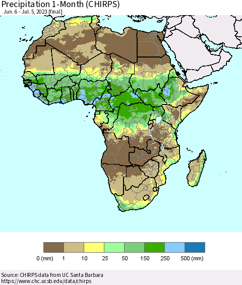 Africa Precipitation 1-Month (CHIRPS) Thematic Map For 6/6/2023 - 7/5/2023