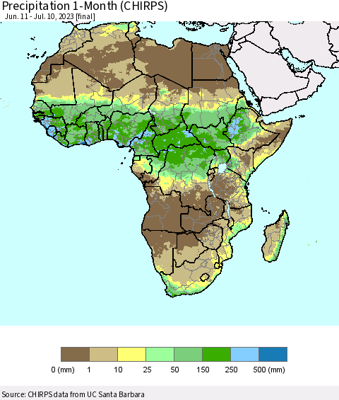 Africa Precipitation 1-Month (CHIRPS) Thematic Map For 6/11/2023 - 7/10/2023