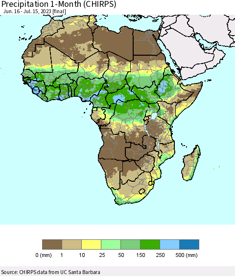 Africa Precipitation 1-Month (CHIRPS) Thematic Map For 6/16/2023 - 7/15/2023