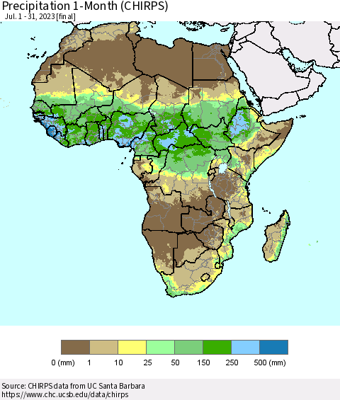 Africa Precipitation 1-Month (CHIRPS) Thematic Map For 7/1/2023 - 7/31/2023