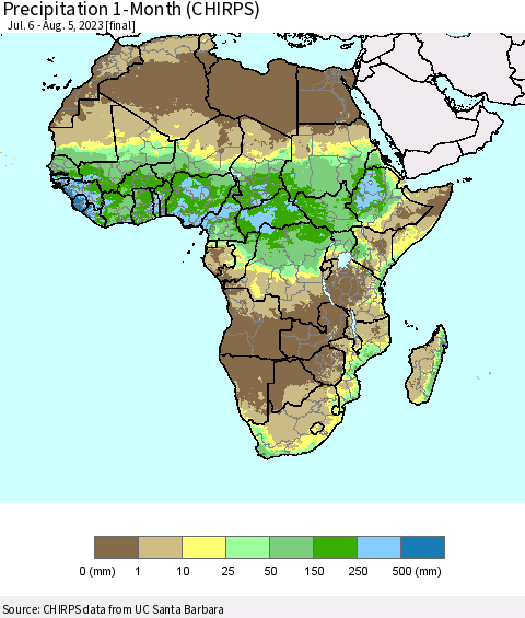 Africa Precipitation 1-Month (CHIRPS) Thematic Map For 7/6/2023 - 8/5/2023
