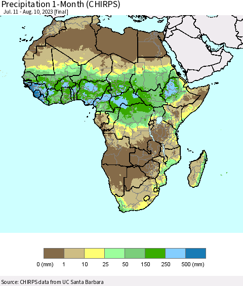 Africa Precipitation 1-Month (CHIRPS) Thematic Map For 7/11/2023 - 8/10/2023