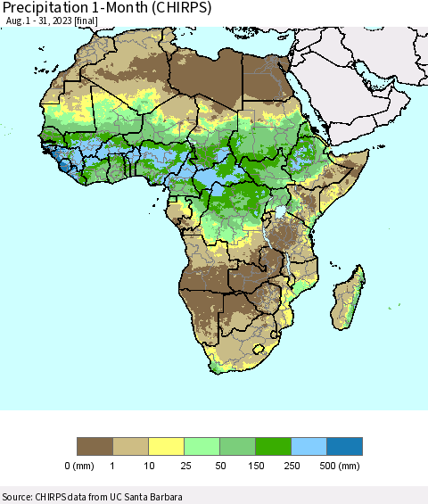 Africa Precipitation 1-Month (CHIRPS) Thematic Map For 8/1/2023 - 8/31/2023