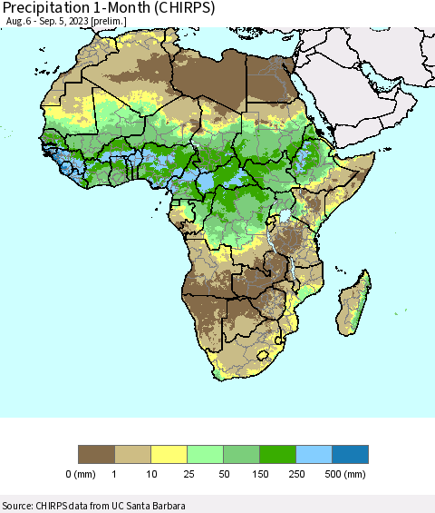 Africa Precipitation 1-Month (CHIRPS) Thematic Map For 8/6/2023 - 9/5/2023
