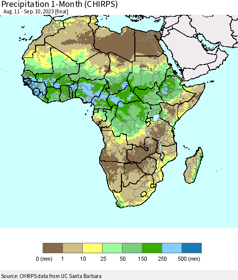 Africa Precipitation 1-Month (CHIRPS) Thematic Map For 8/11/2023 - 9/10/2023