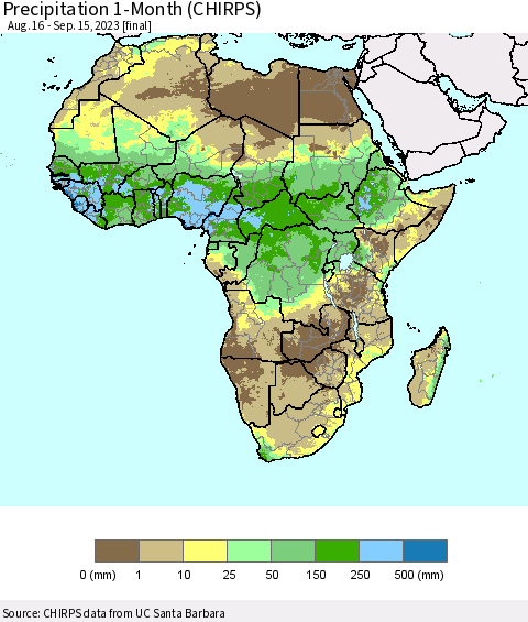 Africa Precipitation 1-Month (CHIRPS) Thematic Map For 8/16/2023 - 9/15/2023