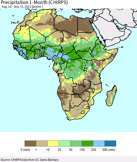 Africa Precipitation 1-Month (CHIRPS) Thematic Map For 8/16/2023 - 9/15/2023