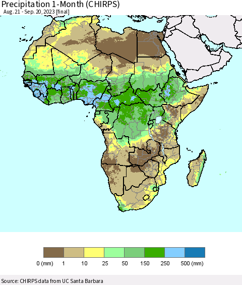 Africa Precipitation 1-Month (CHIRPS) Thematic Map For 8/21/2023 - 9/20/2023