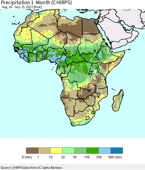 Africa Precipitation 1-Month (CHIRPS) Thematic Map For 8/26/2023 - 9/25/2023