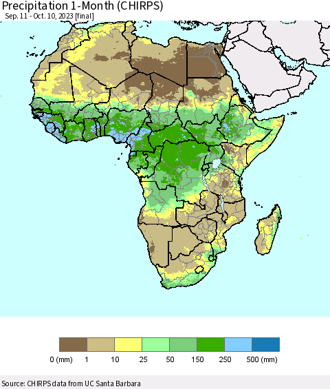 Africa Precipitation 1-Month (CHIRPS) Thematic Map For 9/11/2023 - 10/10/2023