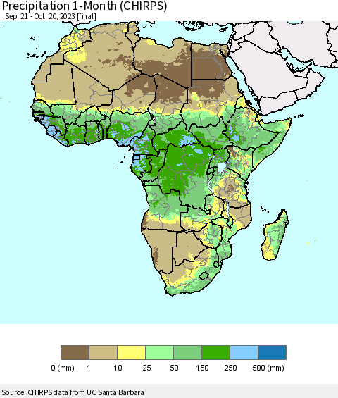 Africa Precipitation 1-Month (CHIRPS) Thematic Map For 9/21/2023 - 10/20/2023