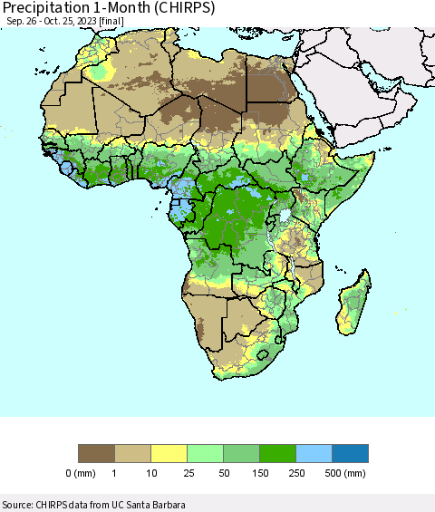 Africa Precipitation 1-Month (CHIRPS) Thematic Map For 9/26/2023 - 10/25/2023