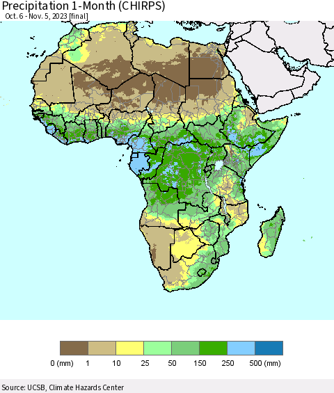 Africa Precipitation 1-Month (CHIRPS) Thematic Map For 10/6/2023 - 11/5/2023