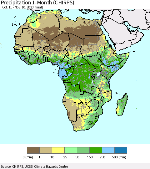 Africa Precipitation 1-Month (CHIRPS) Thematic Map For 10/11/2023 - 11/10/2023