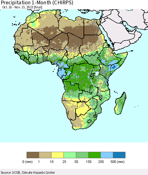 Africa Precipitation 1-Month (CHIRPS) Thematic Map For 10/16/2023 - 11/15/2023