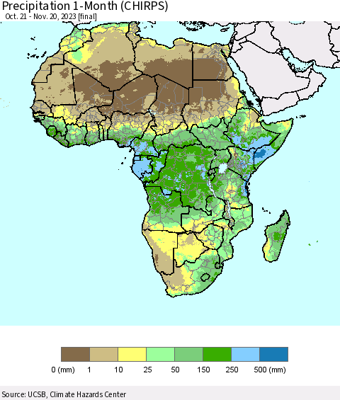 Africa Precipitation 1-Month (CHIRPS) Thematic Map For 10/21/2023 - 11/20/2023