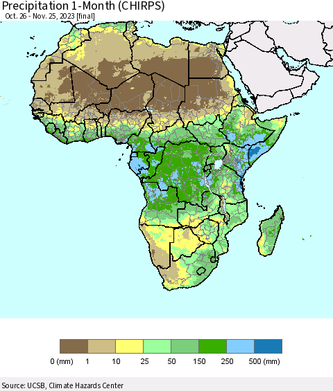 Africa Precipitation 1-Month (CHIRPS) Thematic Map For 10/26/2023 - 11/25/2023