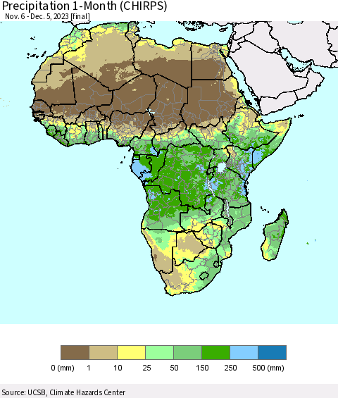 Africa Precipitation 1-Month (CHIRPS) Thematic Map For 11/6/2023 - 12/5/2023