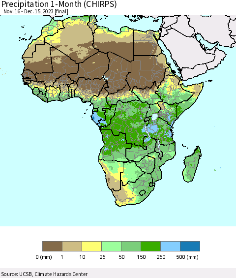 Africa Precipitation 1-Month (CHIRPS) Thematic Map For 11/16/2023 - 12/15/2023