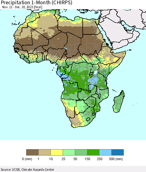 Africa Precipitation 1-Month (CHIRPS) Thematic Map For 11/21/2023 - 12/20/2023