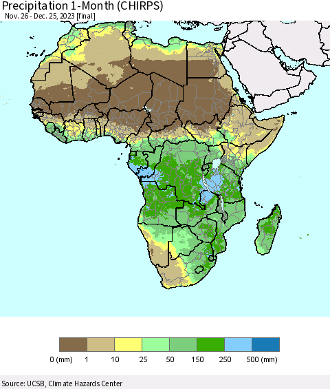 Africa Precipitation 1-Month (CHIRPS) Thematic Map For 11/26/2023 - 12/25/2023