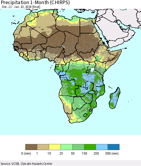 Africa Precipitation 1-Month (CHIRPS) Thematic Map For 12/11/2023 - 1/10/2024