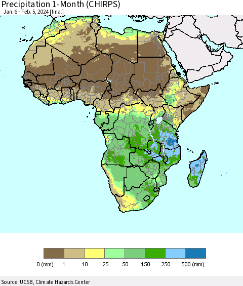 Africa Precipitation 1-Month (CHIRPS) Thematic Map For 1/6/2024 - 2/5/2024