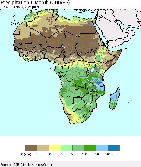 Africa Precipitation 1-Month (CHIRPS) Thematic Map For 1/11/2024 - 2/10/2024