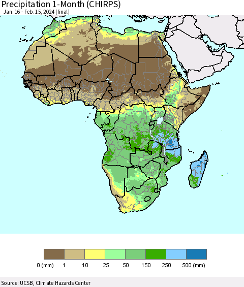Africa Precipitation 1-Month (CHIRPS) Thematic Map For 1/16/2024 - 2/15/2024