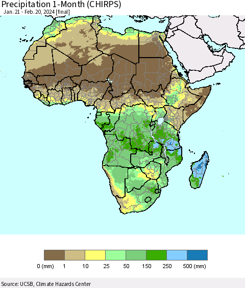 Africa Precipitation 1-Month (CHIRPS) Thematic Map For 1/21/2024 - 2/20/2024