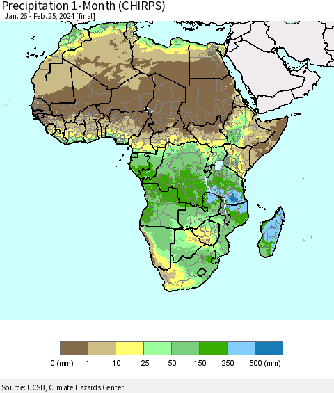 Africa Precipitation 1-Month (CHIRPS) Thematic Map For 1/26/2024 - 2/25/2024
