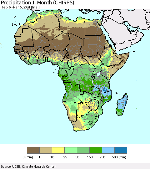 Africa Precipitation 1-Month (CHIRPS) Thematic Map For 2/6/2024 - 3/5/2024