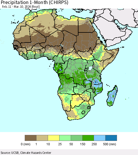 Africa Precipitation 1-Month (CHIRPS) Thematic Map For 2/11/2024 - 3/10/2024