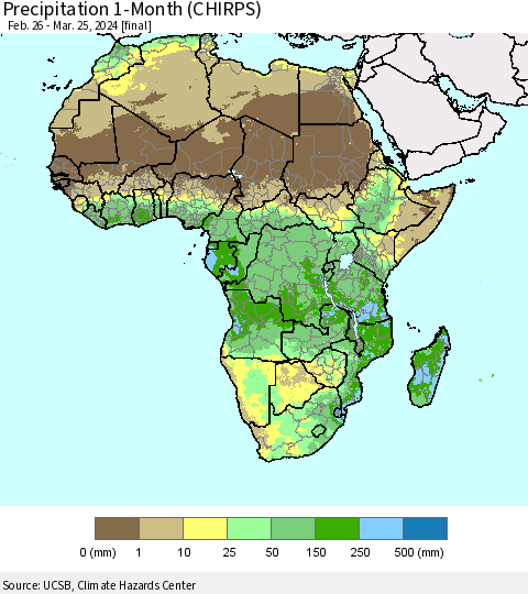 Africa Precipitation 1-Month (CHIRPS) Thematic Map For 2/26/2024 - 3/25/2024