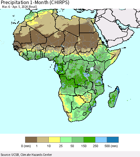 Africa Precipitation 1-Month (CHIRPS) Thematic Map For 3/6/2024 - 4/5/2024