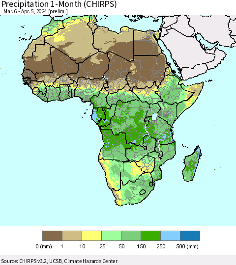 Africa Precipitation 1-Month (CHIRPS) Thematic Map For 3/6/2024 - 4/5/2024