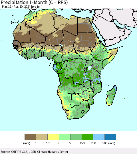Africa Precipitation 1-Month (CHIRPS) Thematic Map For 3/11/2024 - 4/10/2024