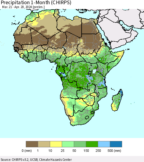 Africa Precipitation 1-Month (CHIRPS) Thematic Map For 3/21/2024 - 4/20/2024