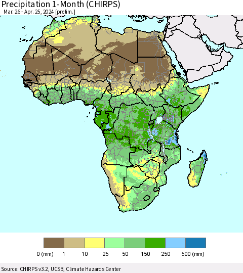 Africa Precipitation 1-Month (CHIRPS) Thematic Map For 3/26/2024 - 4/25/2024
