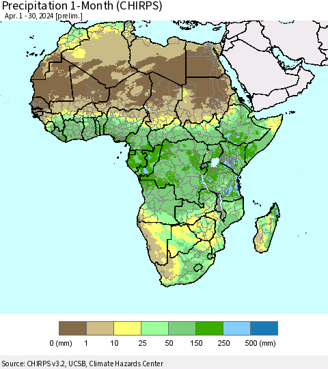 Africa Precipitation 1-Month (CHIRPS) Thematic Map For 4/1/2024 - 4/30/2024
