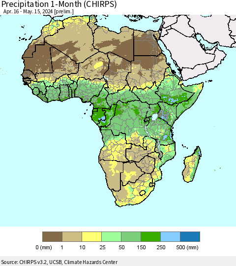 Africa Precipitation 1-Month (CHIRPS) Thematic Map For 4/16/2024 - 5/15/2024