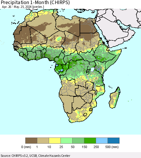 Africa Precipitation 1-Month (CHIRPS) Thematic Map For 4/26/2024 - 5/25/2024