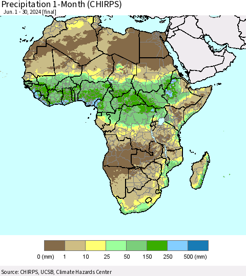 Africa Precipitation 1-Month (CHIRPS) Thematic Map For 6/1/2024 - 6/30/2024