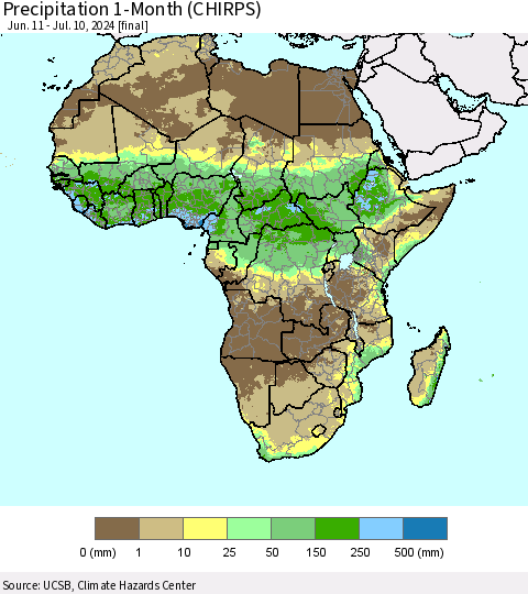 Africa Precipitation 1-Month (CHIRPS) Thematic Map For 6/11/2024 - 7/10/2024