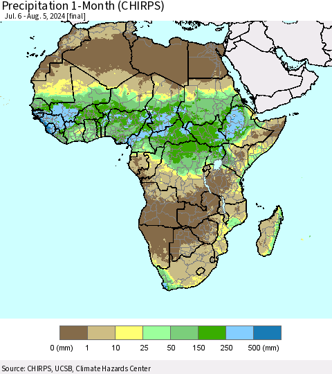 Africa Precipitation 1-Month (CHIRPS) Thematic Map For 7/6/2024 - 8/5/2024