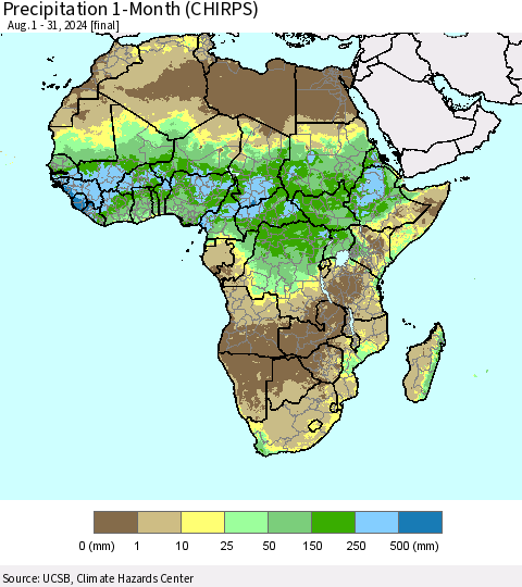 Africa Precipitation 1-Month (CHIRPS) Thematic Map For 8/1/2024 - 8/31/2024