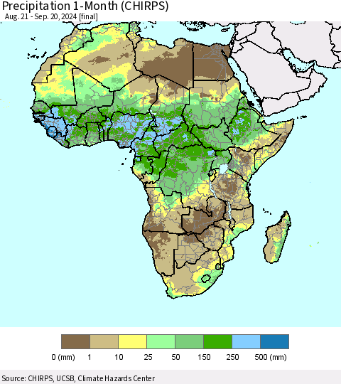 Africa Precipitation 1-Month (CHIRPS) Thematic Map For 8/21/2024 - 9/20/2024