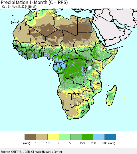 Africa Precipitation 1-Month (CHIRPS) Thematic Map For 10/6/2024 - 11/5/2024