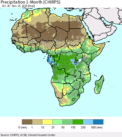 Africa Precipitation 1-Month (CHIRPS) Thematic Map For 10/26/2024 - 11/25/2024