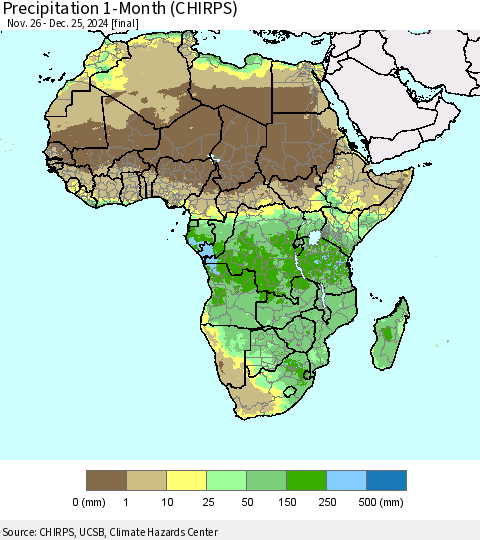 Africa Precipitation 1-Month (CHIRPS) Thematic Map For 11/26/2024 - 12/25/2024